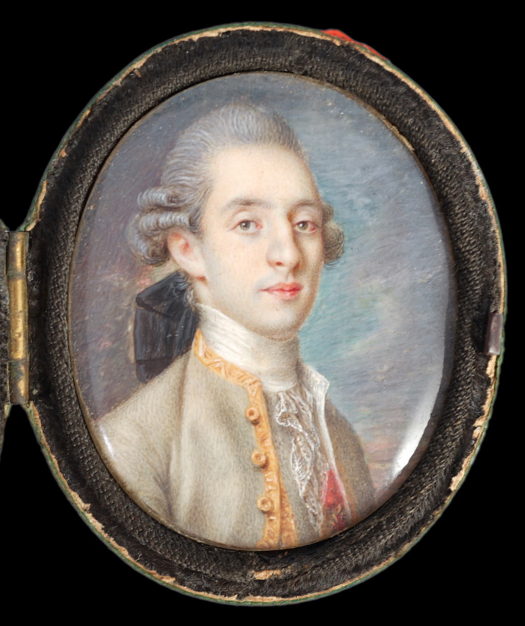 French School circa 1770-1780, Portrait miniature of a gentleman wearing a grey coat, a sunset beyond, watercolour on ivory, 4.5 x 3.7cm. CITES Submission reference XH89ZUTL